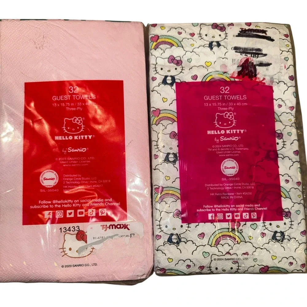 Hello Kitty 64 Guest Towels 32 Count Christmas Wreath & Rainbow Cloud Themes